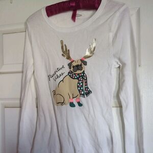 Old Navy White Long Sleeve Tee with Pug Design Women's